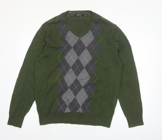 Claiborne Men's Green Argyle Cotton V-Neck Jumper Size L