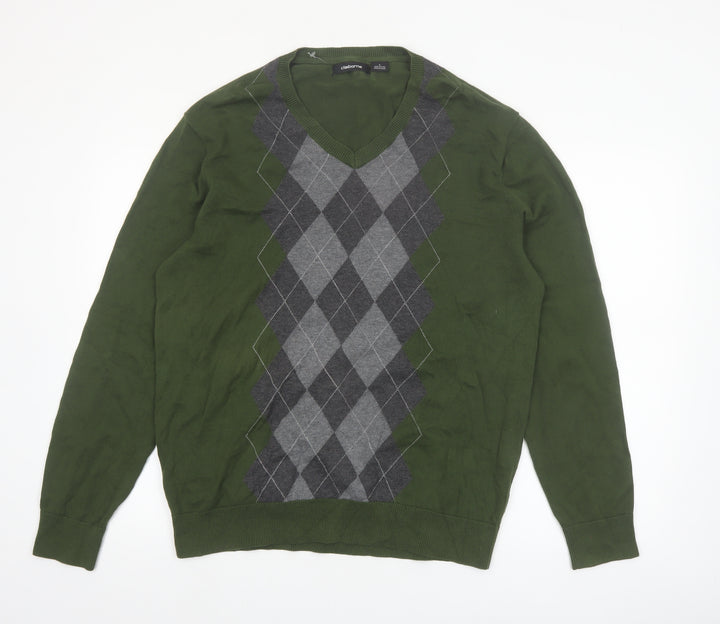 Claiborne Men's Green Argyle Cotton V-Neck Jumper Size L