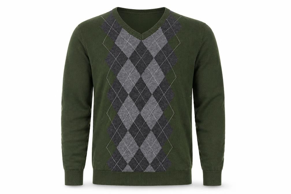 Claiborne Men's Green Argyle Cotton V-Neck Jumper Size L