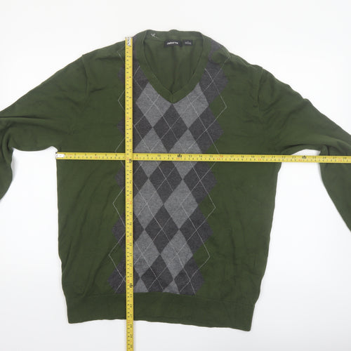 Claiborne Men's Green Argyle Cotton V-Neck Jumper Size L