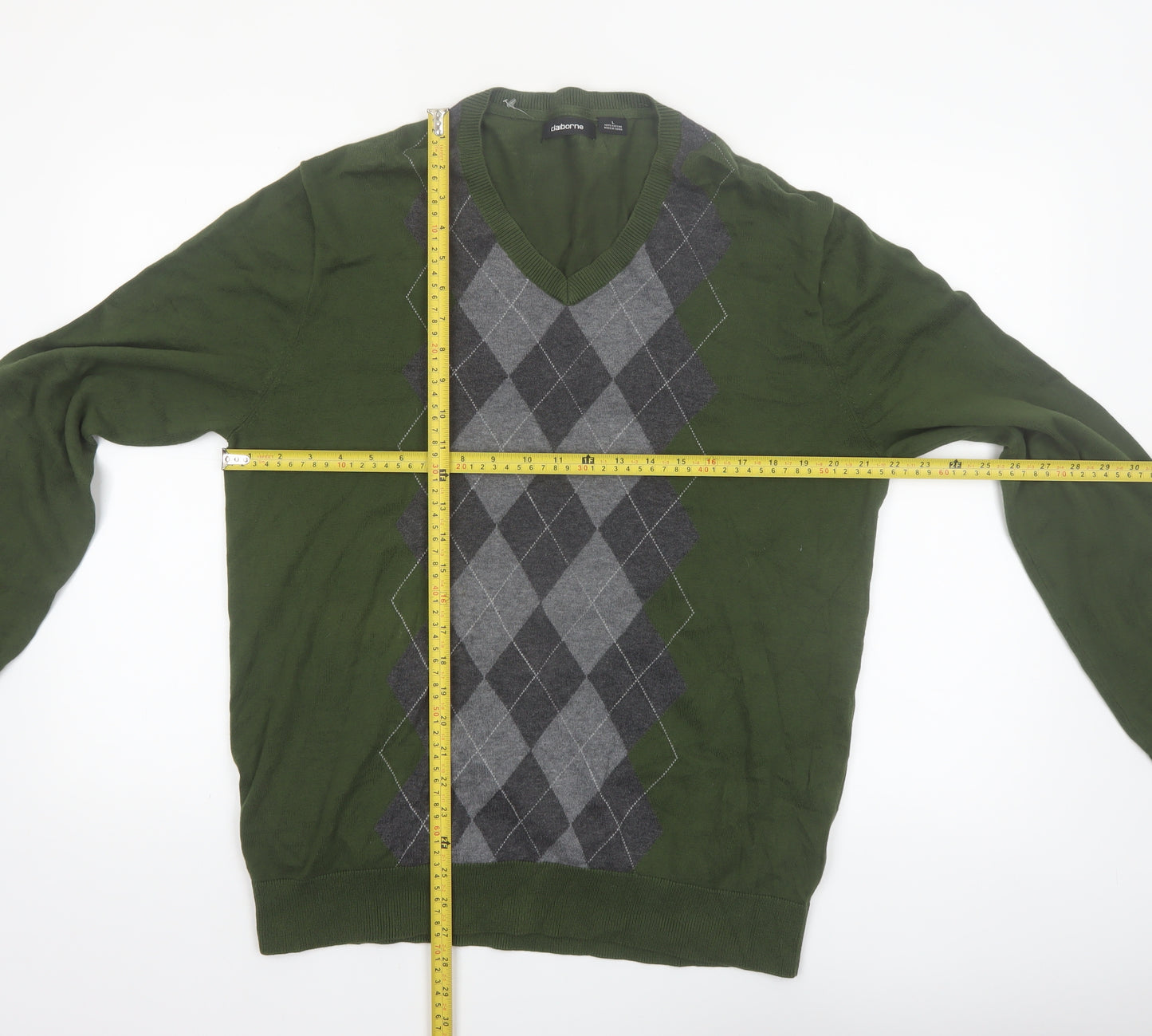 Claiborne Men's Green Argyle Cotton V-Neck Jumper Size L