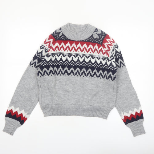 Beyond Retro Womens Grey Fair Isle Wool Knit Jumper XS
