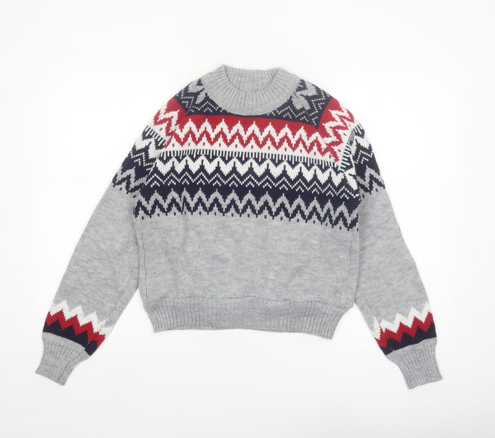 Beyond Retro Womens Grey Fair Isle Wool Knit Jumper XS