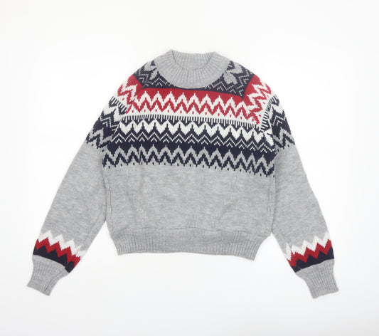 Beyond Retro Womens Grey Fair Isle Wool Knit Jumper XS
