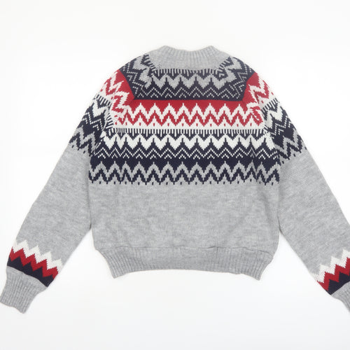 Beyond Retro Womens Grey Fair Isle Wool Knit Jumper XS