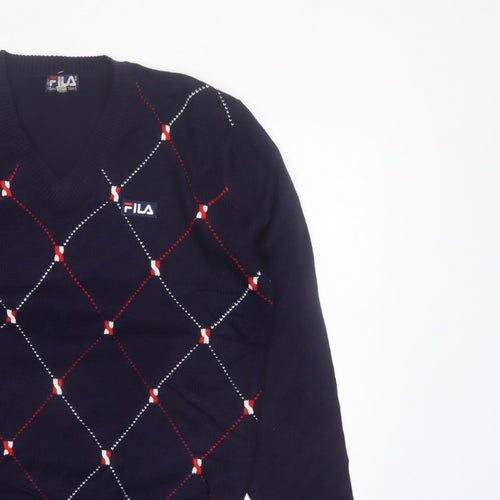 FILA Men's Blue Argyle V-Neck Jumper XL Knit Pullover Sweater