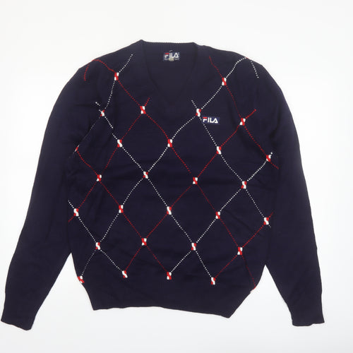 FILA Men's Blue Argyle V-Neck Jumper XL Knit Pullover Sweater