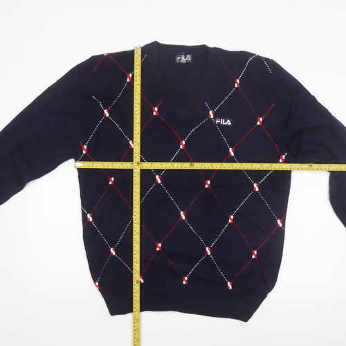 FILA Men's Blue Argyle V-Neck Jumper XL Knit Pullover Sweater