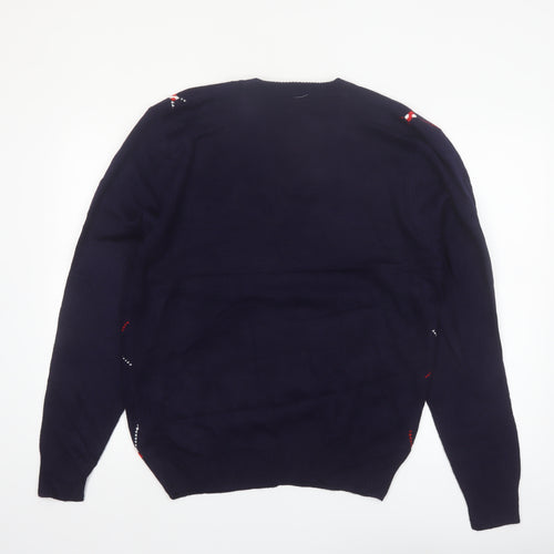FILA Men's Blue Argyle V-Neck Jumper XL Knit Pullover Sweater