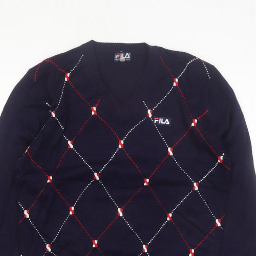 FILA Men's Blue Argyle V-Neck Jumper XL Knit Pullover Sweater