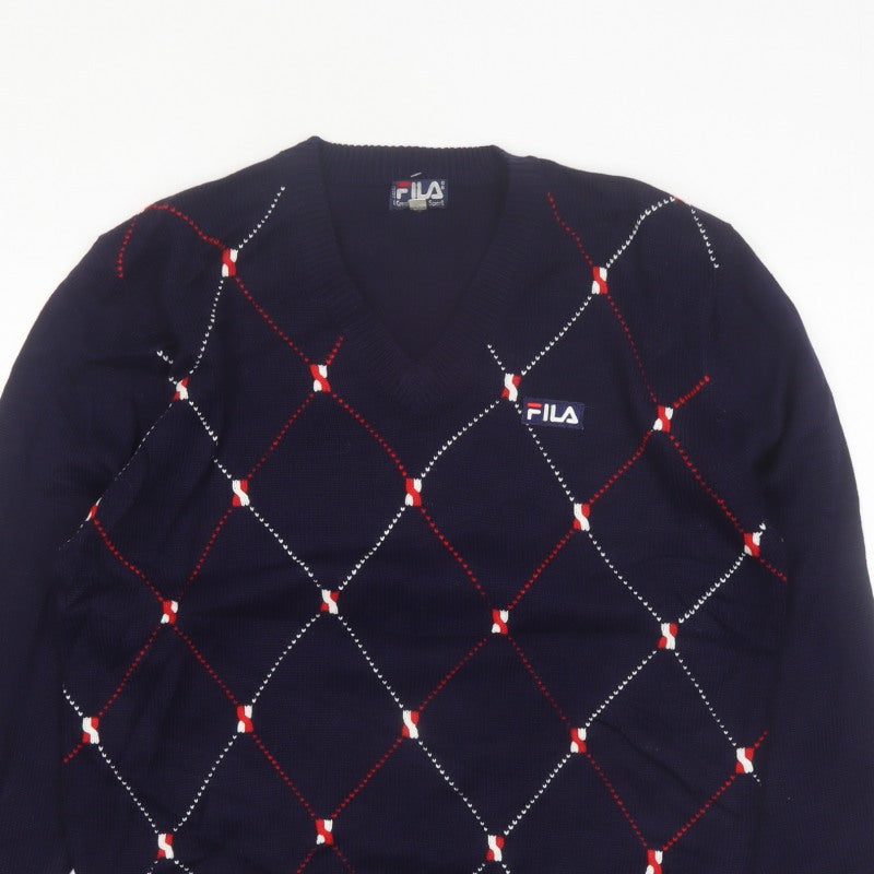 FILA Men's Blue Argyle V-Neck Jumper XL Knit Pullover Sweater