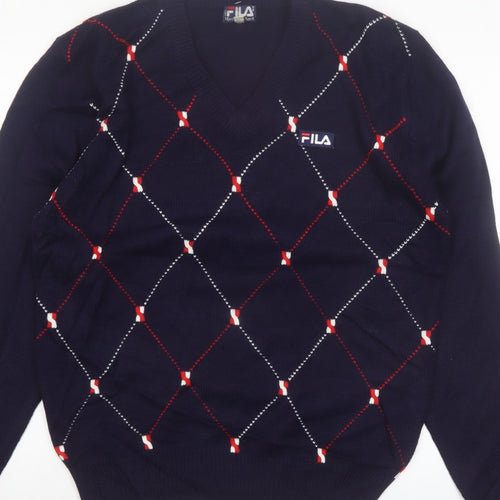 FILA Men's Blue Argyle V-Neck Jumper XL Knit Pullover Sweater