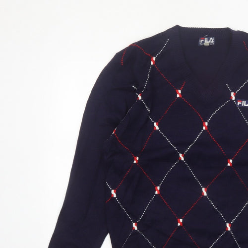 FILA Men's Blue Argyle V-Neck Jumper XL Knit Pullover Sweater