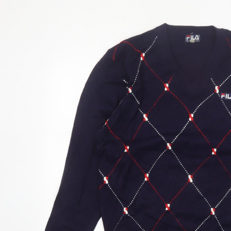 FILA Men's Blue Argyle V-Neck Jumper XL Knit Pullover Sweater