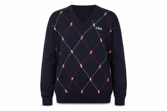 FILA Men's Blue Argyle V-Neck Jumper XL Knit Pullover Sweater