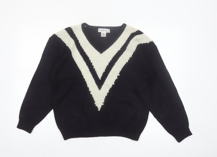 Color Cues Womens Black V-Neck Beaded Angora Blend Jumper Size M