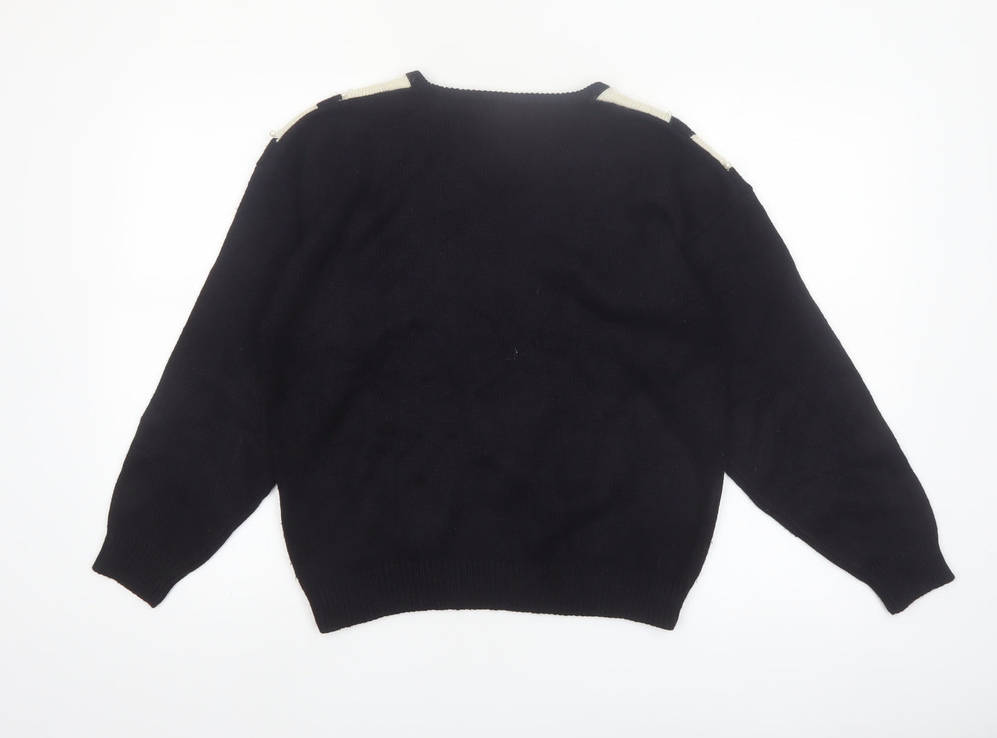 Color Cues Womens Black V-Neck Beaded Angora Blend Jumper Size M