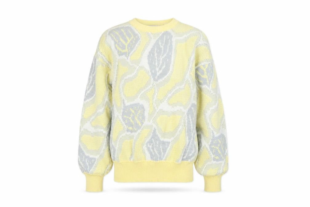 Front view of Private Club women’s yellow geometric acrylic jumper m
