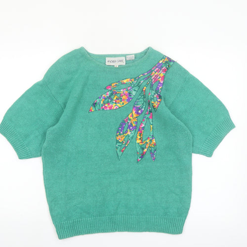 Andrea Gayle Women Green Short Sleeve Pullover Jumper M Floral Appliqué