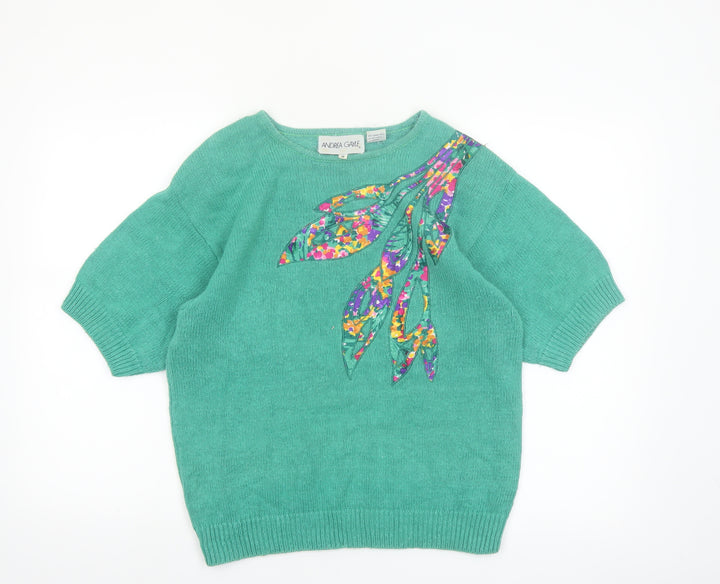 Andrea Gayle Women Green Short Sleeve Pullover Jumper M Floral Appliqué