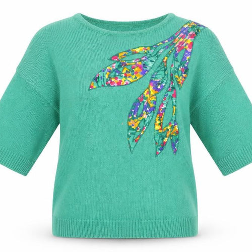 Andrea Gayle Women Green Short Sleeve Pullover Jumper M Floral Appliqué