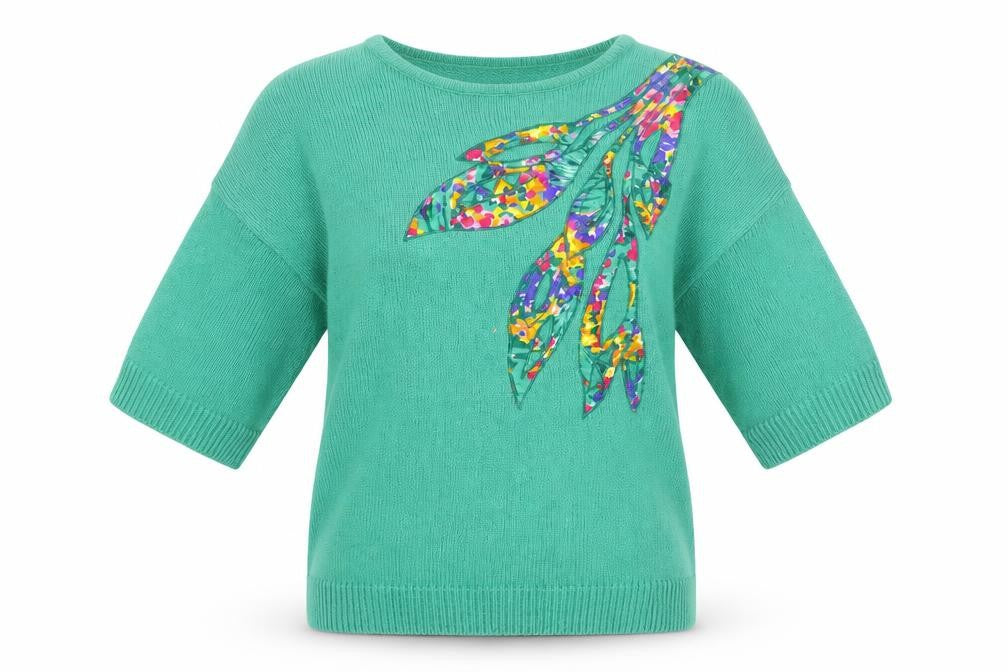 Andrea Gayle Women Green Short Sleeve Pullover Jumper M Floral Appliqué