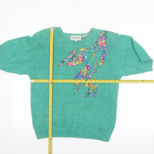 Andrea Gayle Women Green Short Sleeve Pullover Jumper M Floral Appliqué