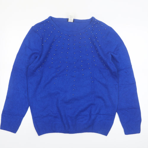Salon Studio Women's Blue Beaded Crew Neck Long Sleeve Jumper Size L