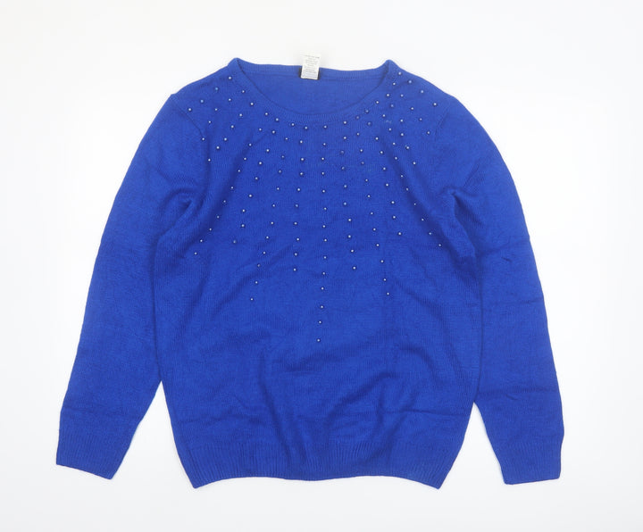 Salon Studio Women's Blue Beaded Crew Neck Long Sleeve Jumper Size L