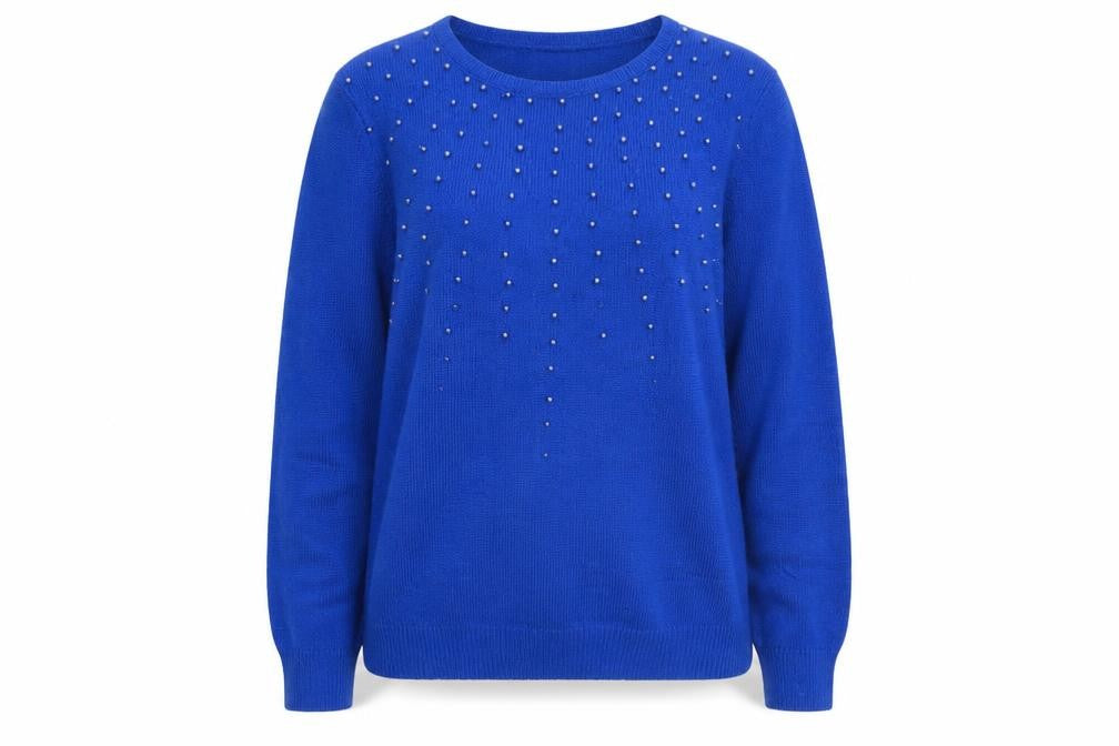 Front view of Salon Studio Women's Blue Beaded Crew Neck Long Sleeve Jumper, size L
