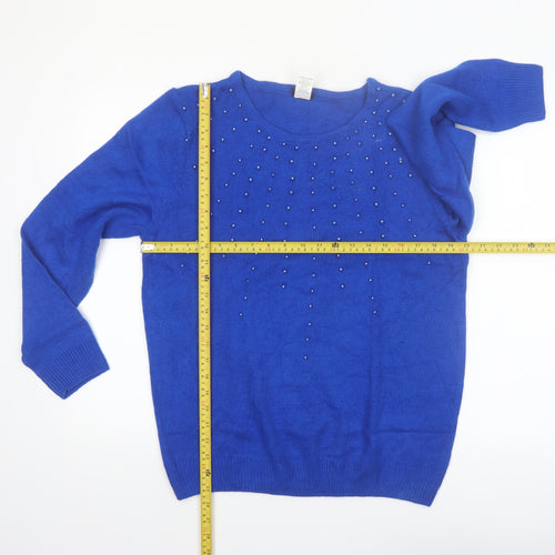 Salon Studio Women's Blue Beaded Crew Neck Long Sleeve Jumper Size L