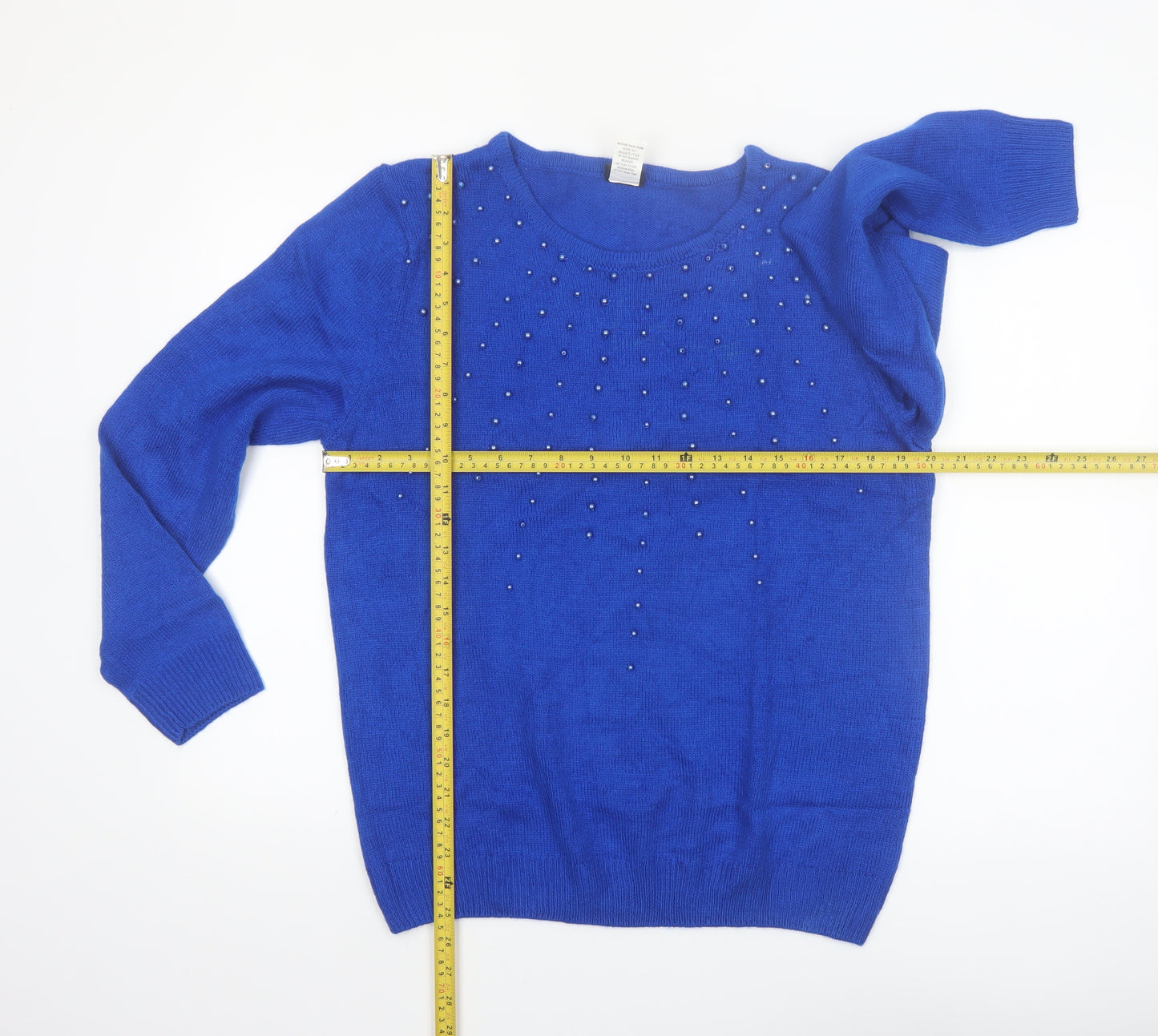 Salon Studio Women's Blue Beaded Crew Neck Long Sleeve Jumper Size L
