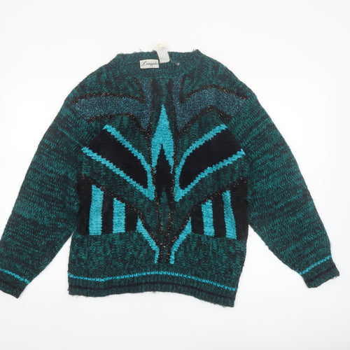Donagain Women's Green Black L Pullover Jumper 80s Geometric Knit Acrylic Wool