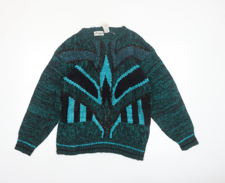 Donagain Women's Green Black L Pullover Jumper 80s Geometric Knit Acrylic Wool