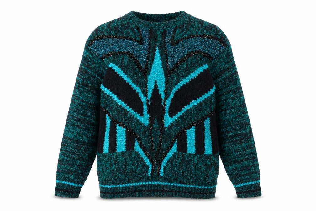 Front view of Donagain Women's Green Black L jumper 80s Geometric Knit Acrylic Wool