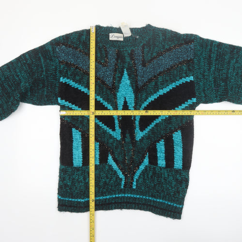 Donagain Women's Green Black L Pullover Jumper 80s Geometric Knit Acrylic Wool