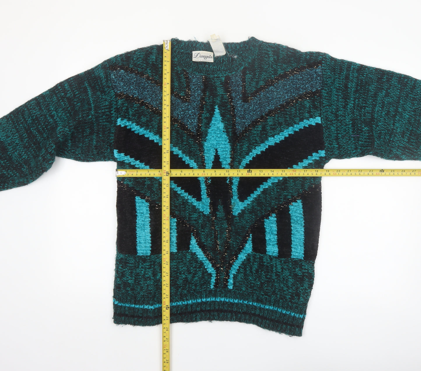 Donagain Women's Green Black L Pullover Jumper 80s Geometric Knit Acrylic Wool