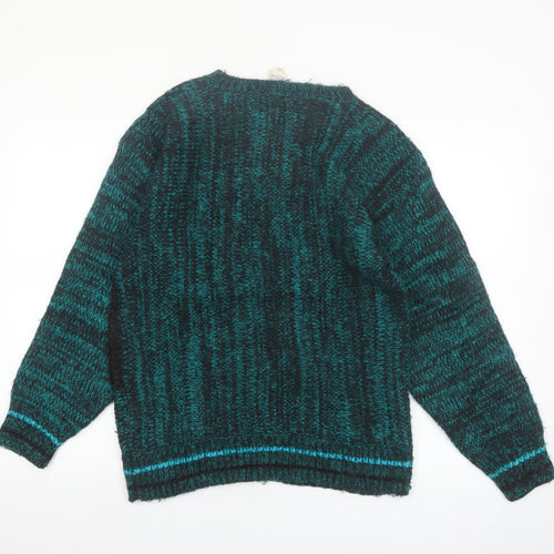Donagain Women's Green Black L Pullover Jumper 80s Geometric Knit Acrylic Wool