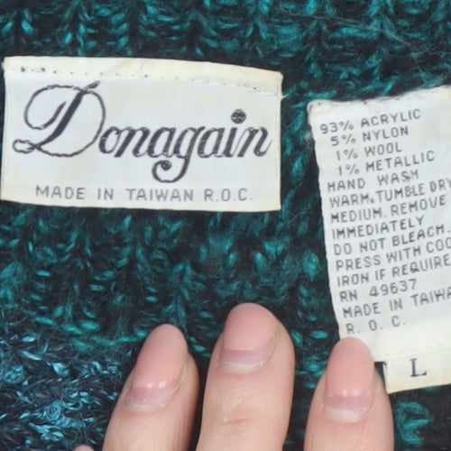 Donagain Women's Green Black L Pullover Jumper 80s Geometric Knit Acrylic Wool