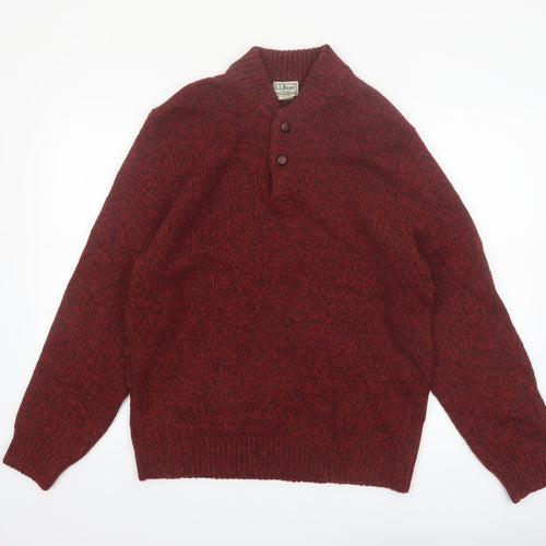L.L.Bean Men's Red Wool Henley Jumper M Regular Lambswool Classic Knit