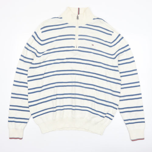 Tommy Hilfiger Men’s White Blue Striped Cotton 1/2 Zip Jumper XL