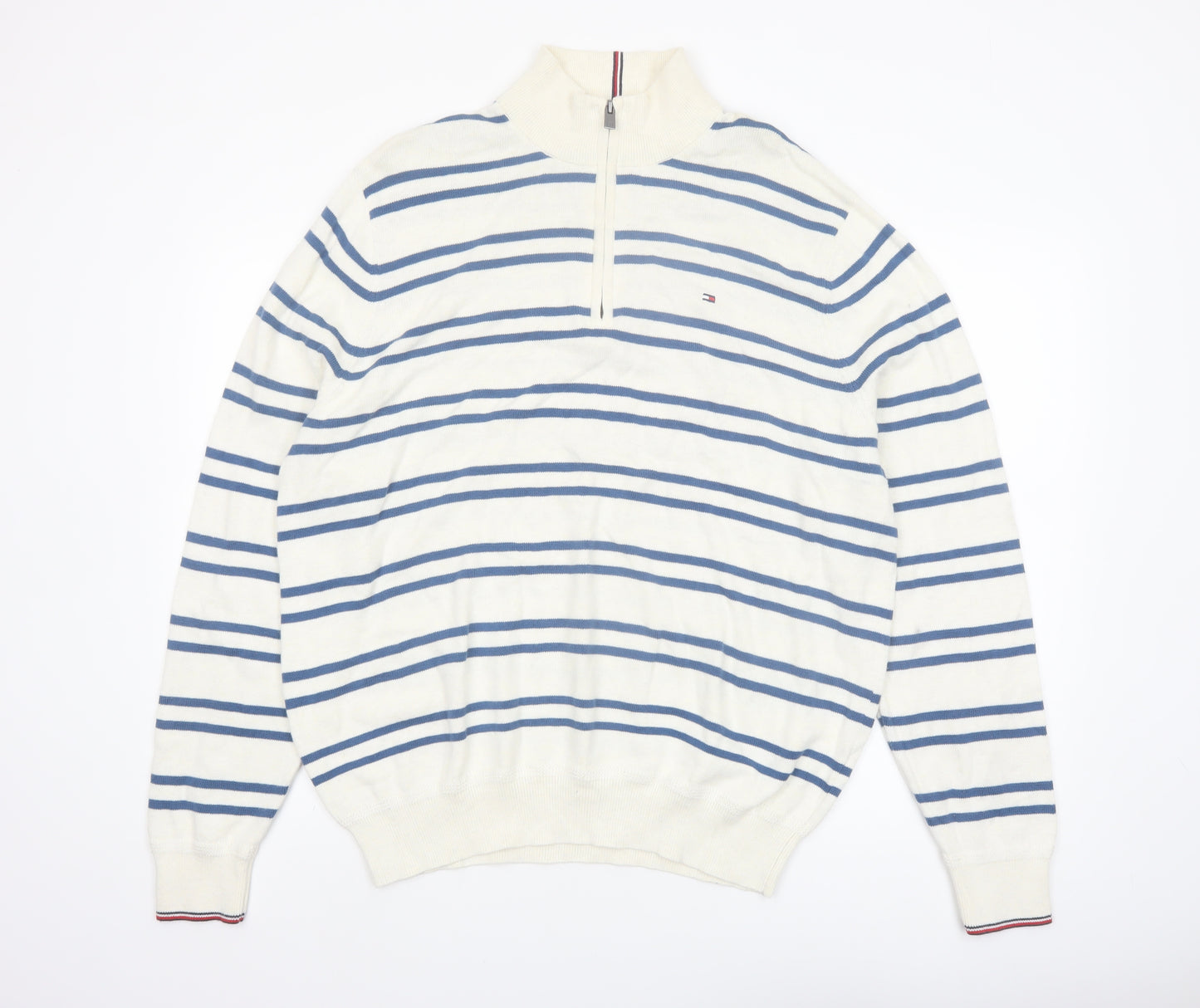 Tommy Hilfiger Men’s White Blue Striped Cotton 1/2 Zip Jumper XL