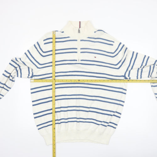 Tommy Hilfiger Men’s White Blue Striped Cotton 1/2 Zip Jumper XL