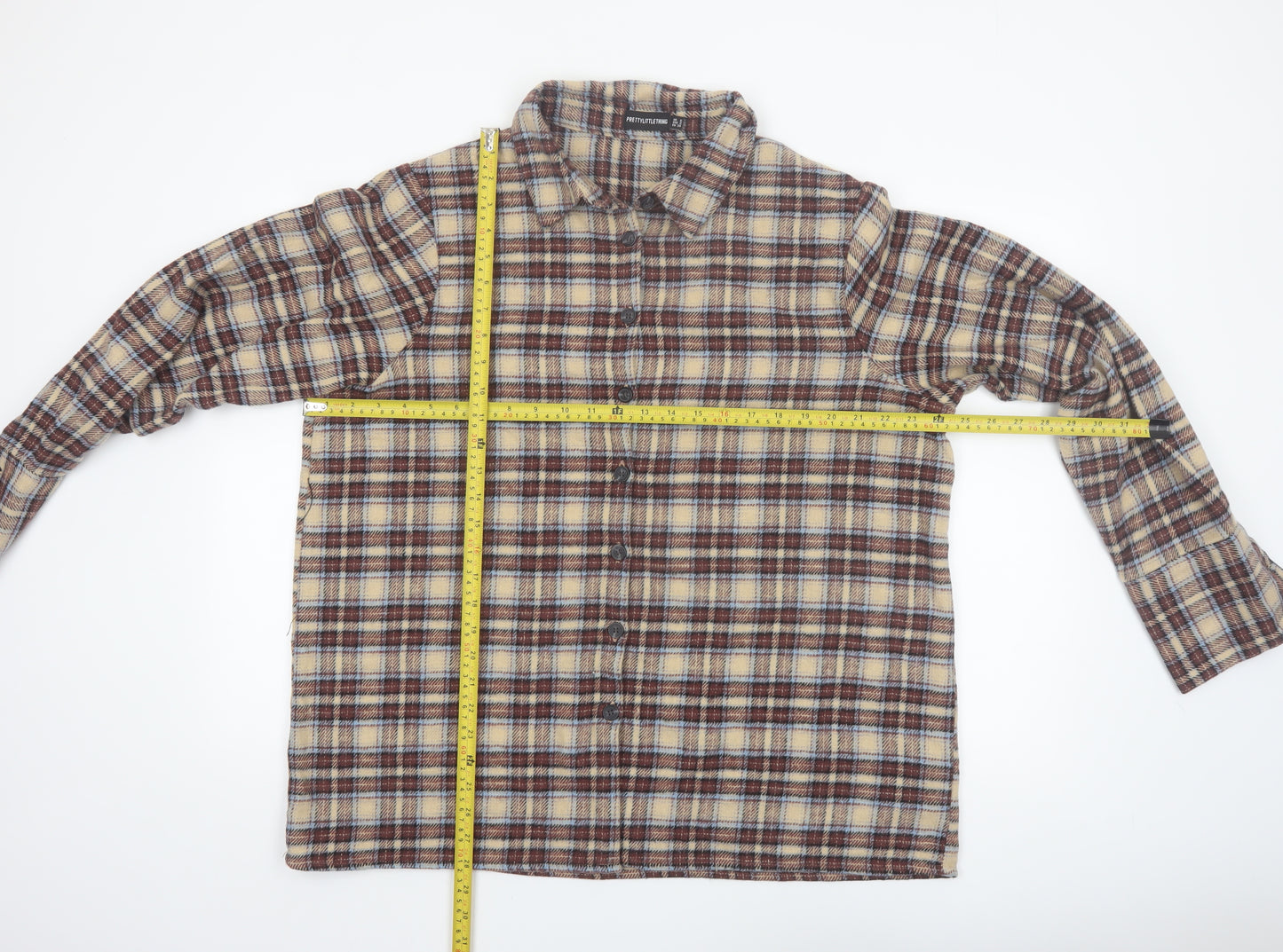 PrettyLittleThing Women Beige Checked Flannel Jacket Size 6