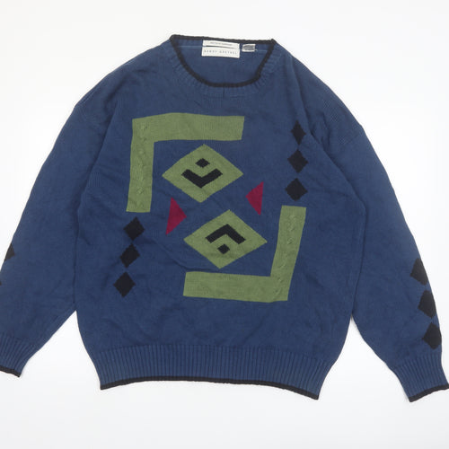 Henry Grethel Men’s Blue Geometric Knit Cotton Jumper L Retro Pullover