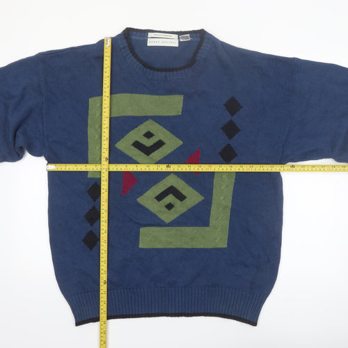 Henry Grethel Men’s Blue Geometric Knit Cotton Jumper L Retro Pullover