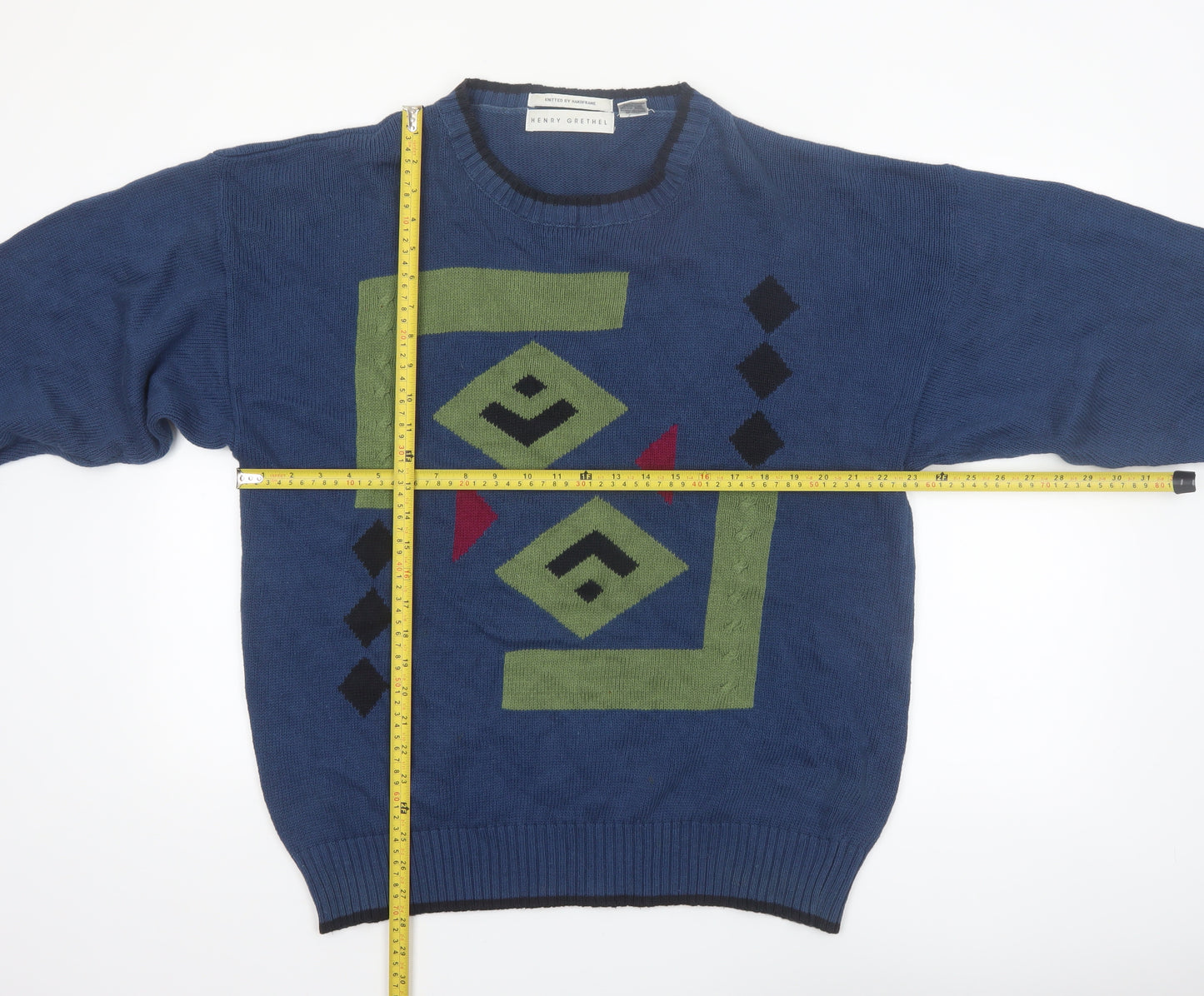 Henry Grethel Men’s Blue Geometric Knit Cotton Jumper L Retro Pullover