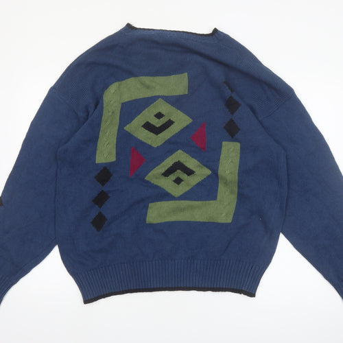 Henry Grethel Men’s Blue Geometric Knit Cotton Jumper L Retro Pullover