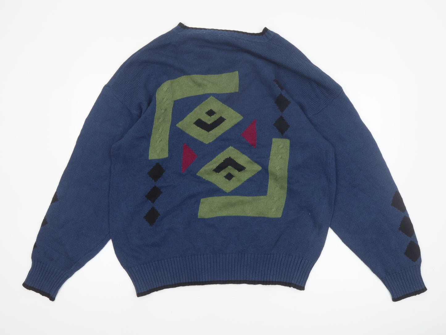Henry Grethel Men’s Blue Geometric Knit Cotton Jumper L Retro Pullover