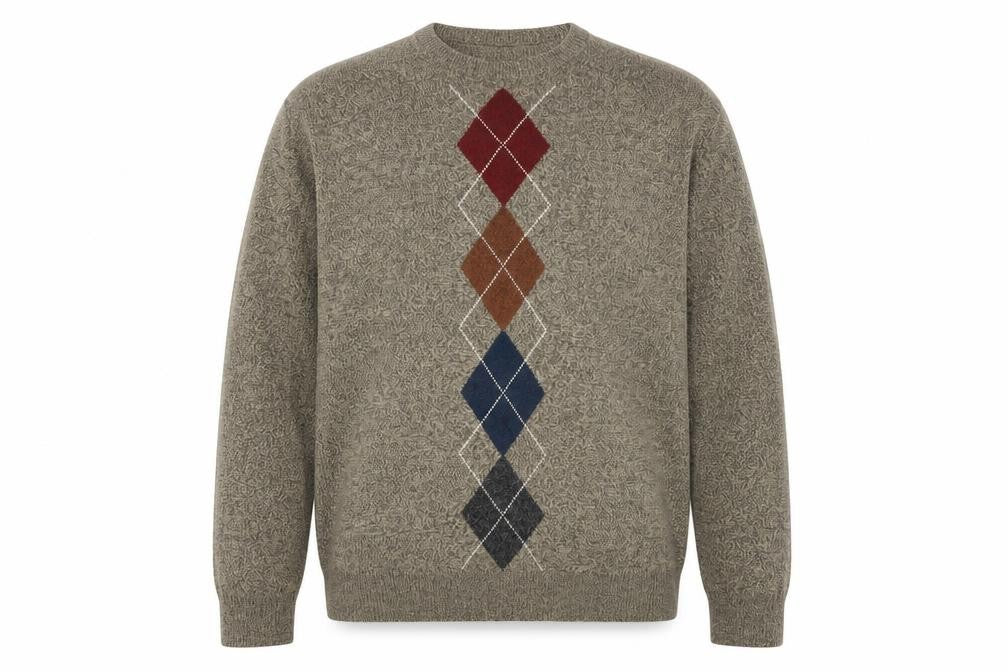 Front view of Dockers Men's Beige Argyle Knit Crew Neck jumper, size L